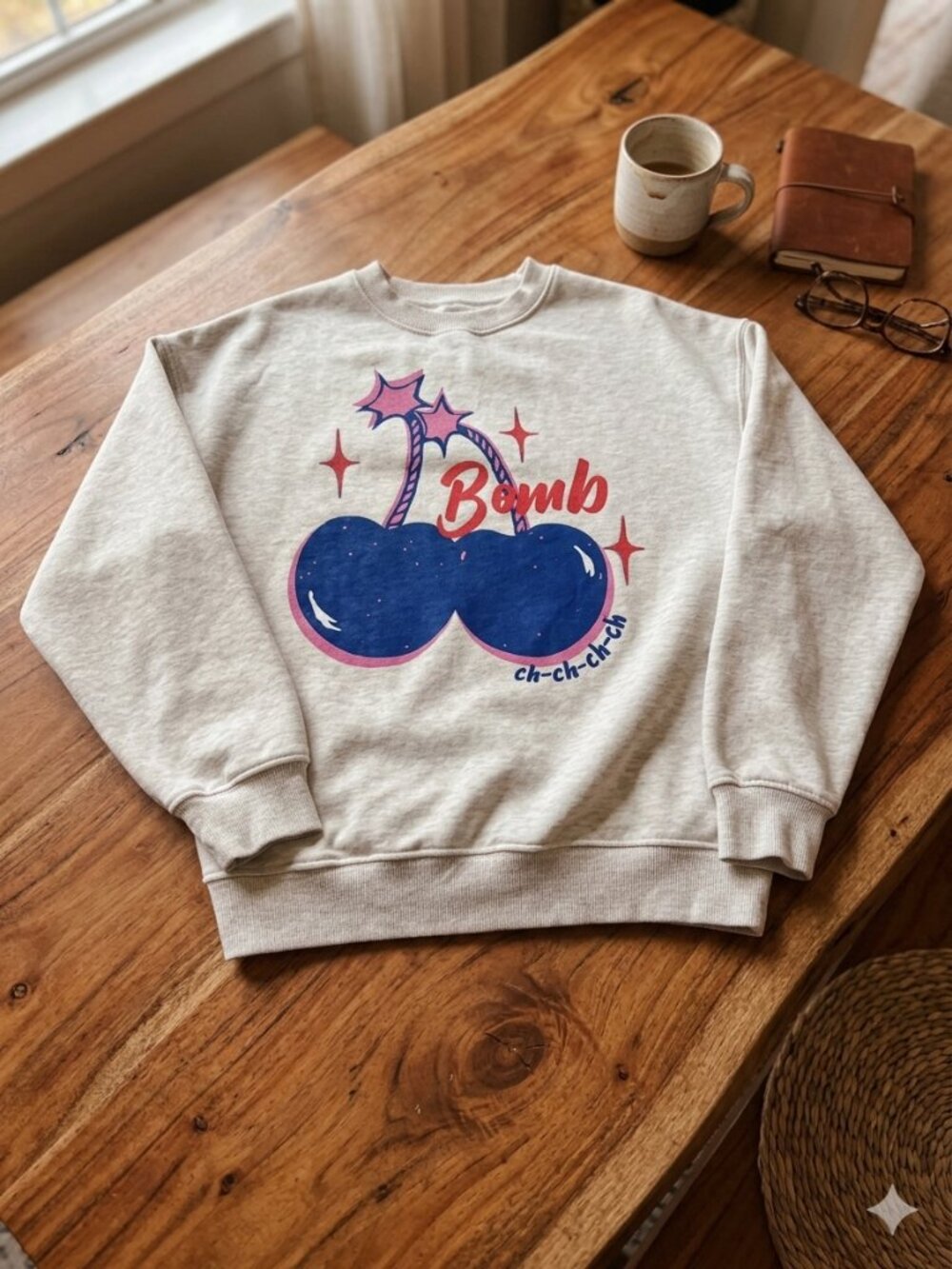 Baily Rose Cheery Bomb Crewneck Sweatshirt – Light Heather Gray, S